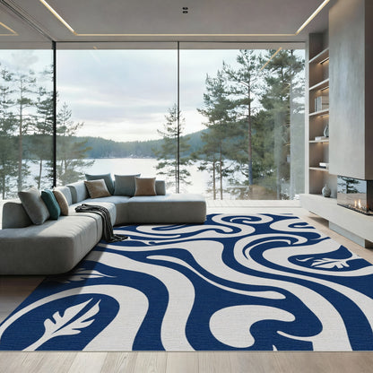 Deep Blue Flowing Foliage Swirls Rug