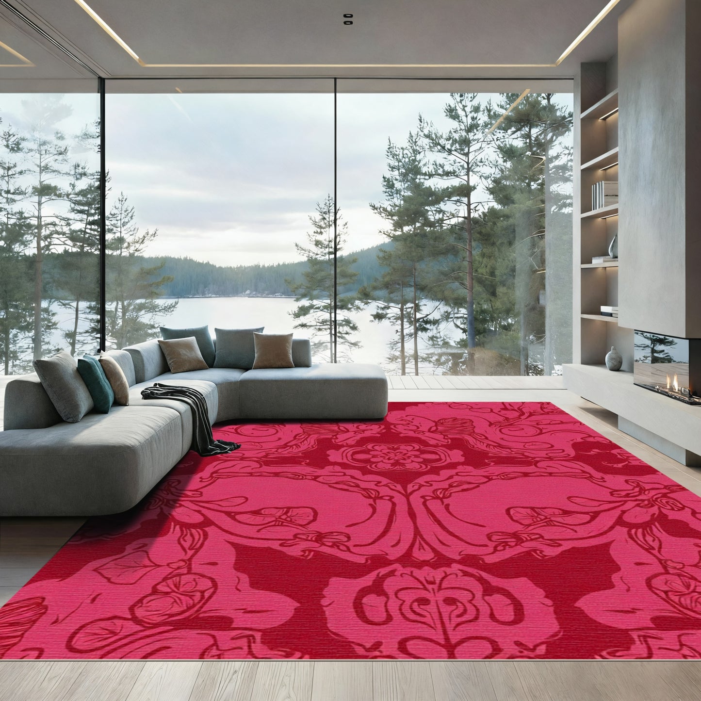 Crimson Romantic Floral Scroll Rug