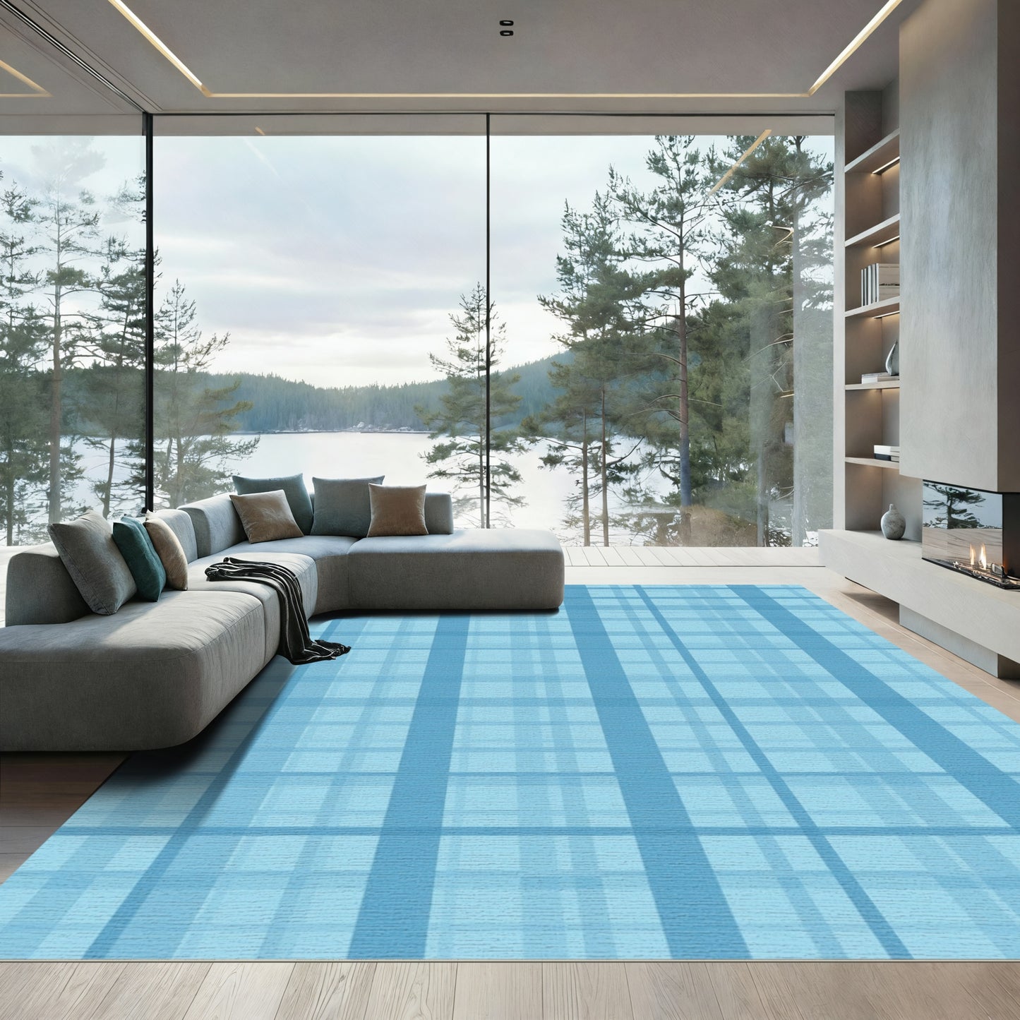 Soft Blue Layered Stripe Tartan Rug