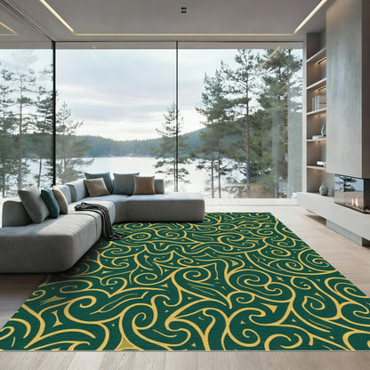 Deep Emerald Gold Swirl Abstract Rug