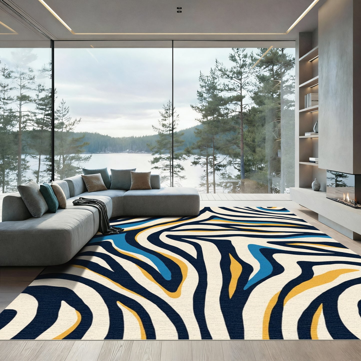 Bold Blue Yellow Zebra Stripe Rug