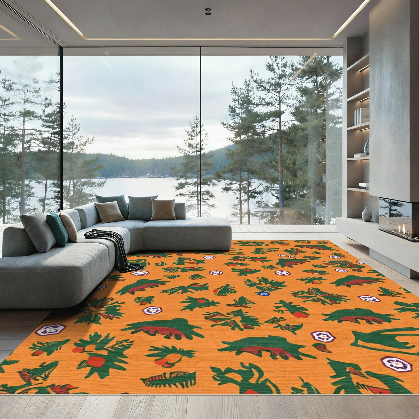Orange Tropical Green Red Leaf Medallion Rug