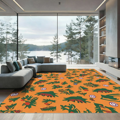Orange Tropical Green Red Leaf Medallion Rug