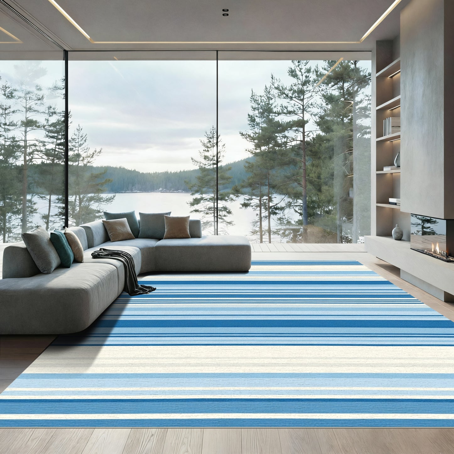 Bright Blue and White Linear Stripe Rug