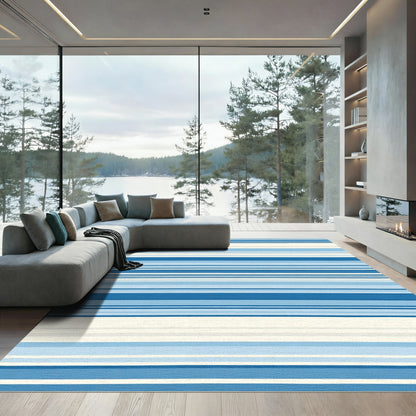 Bright Blue and White Linear Stripe Rug