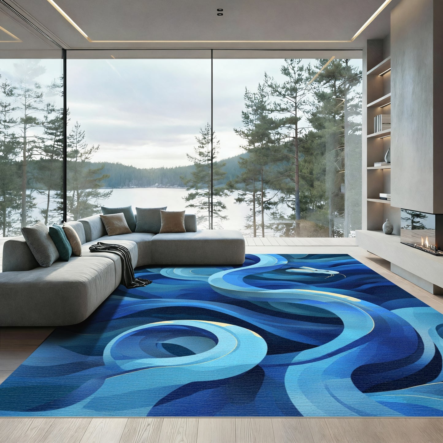 Deep Blue Winding Dragon Oceanic Rug