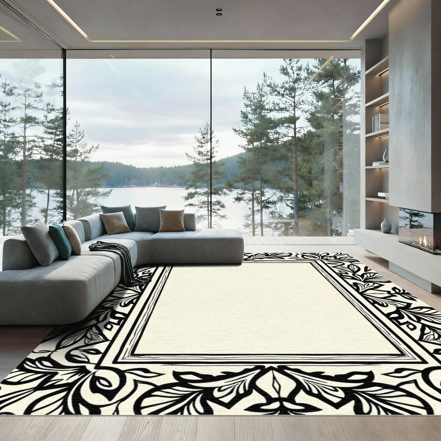 Bold Black White Floral Frame Rug