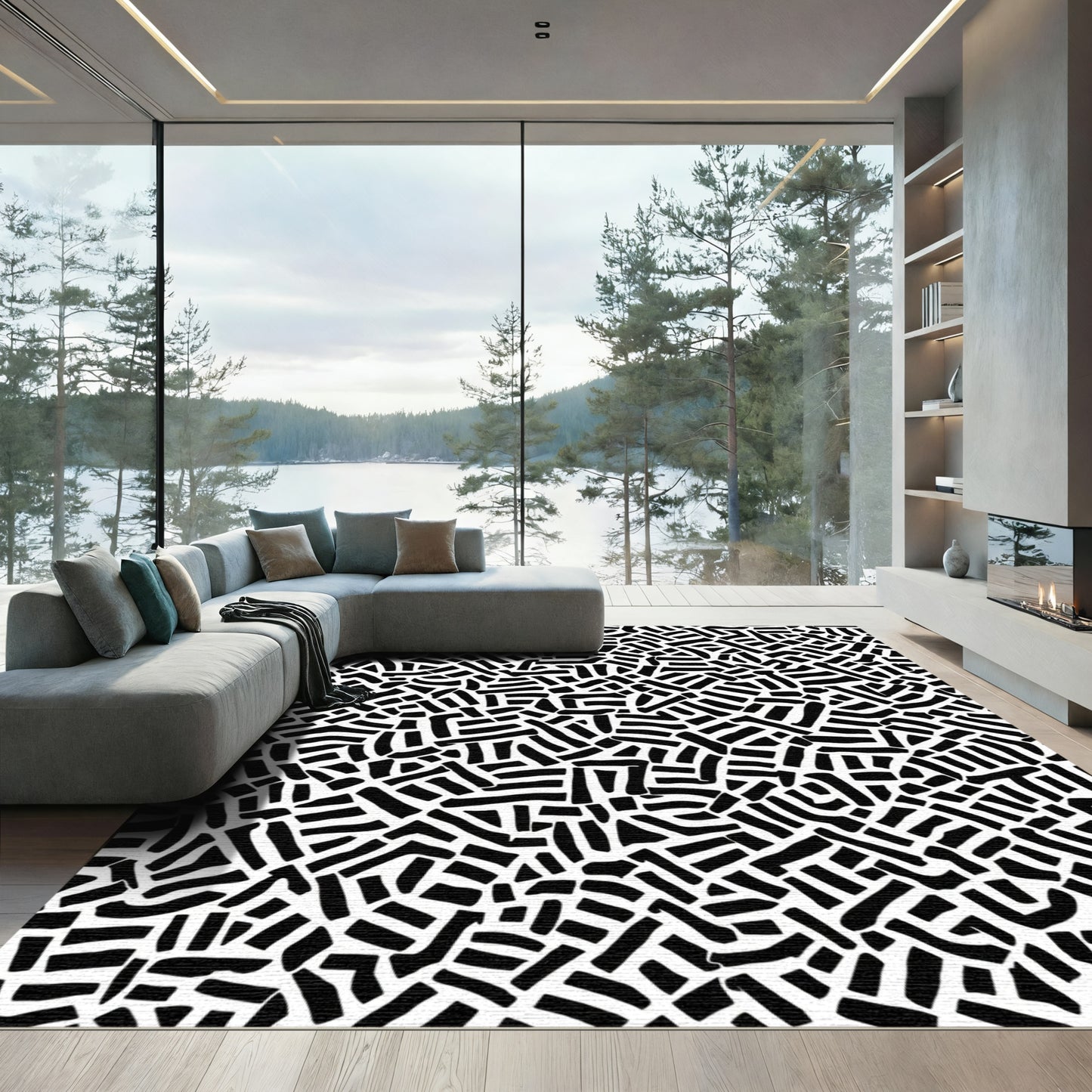 Abstract Black White Braided Lines Rug