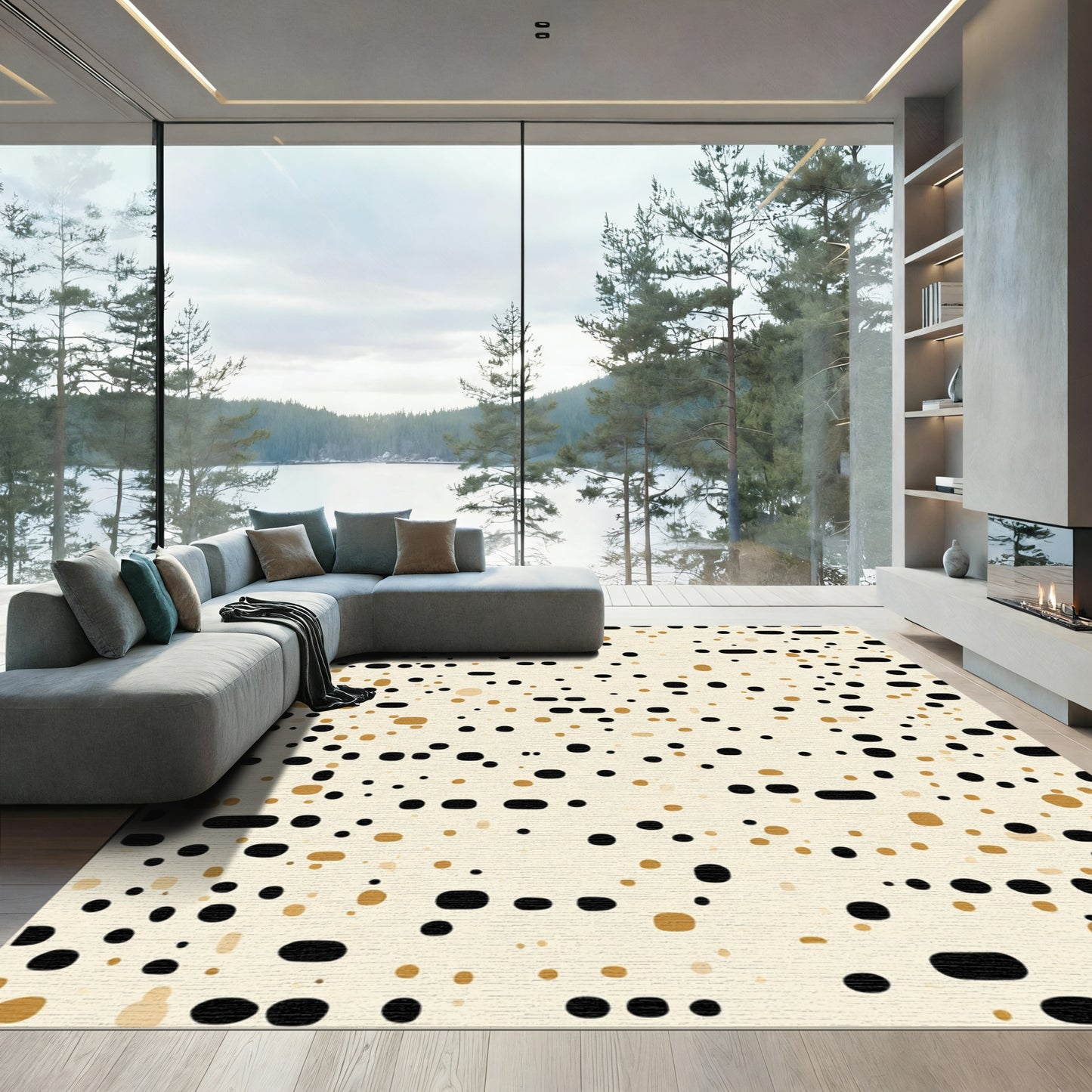 Modern Cream Black Gold Dots Rug