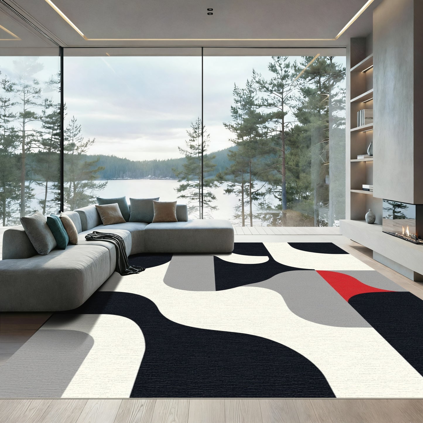 Abstract Red Black Cream Geometric Waves Rug