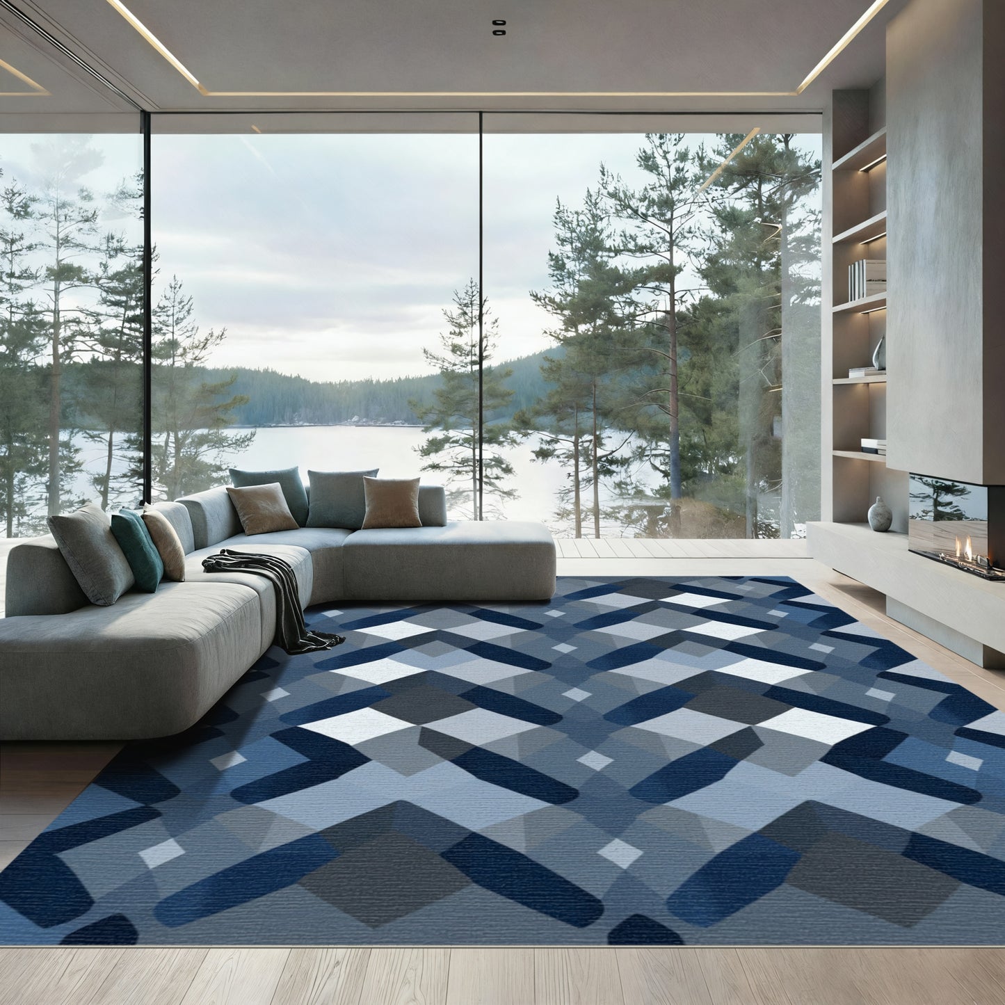 Deep Blue Modern Geometric Diamond Rug