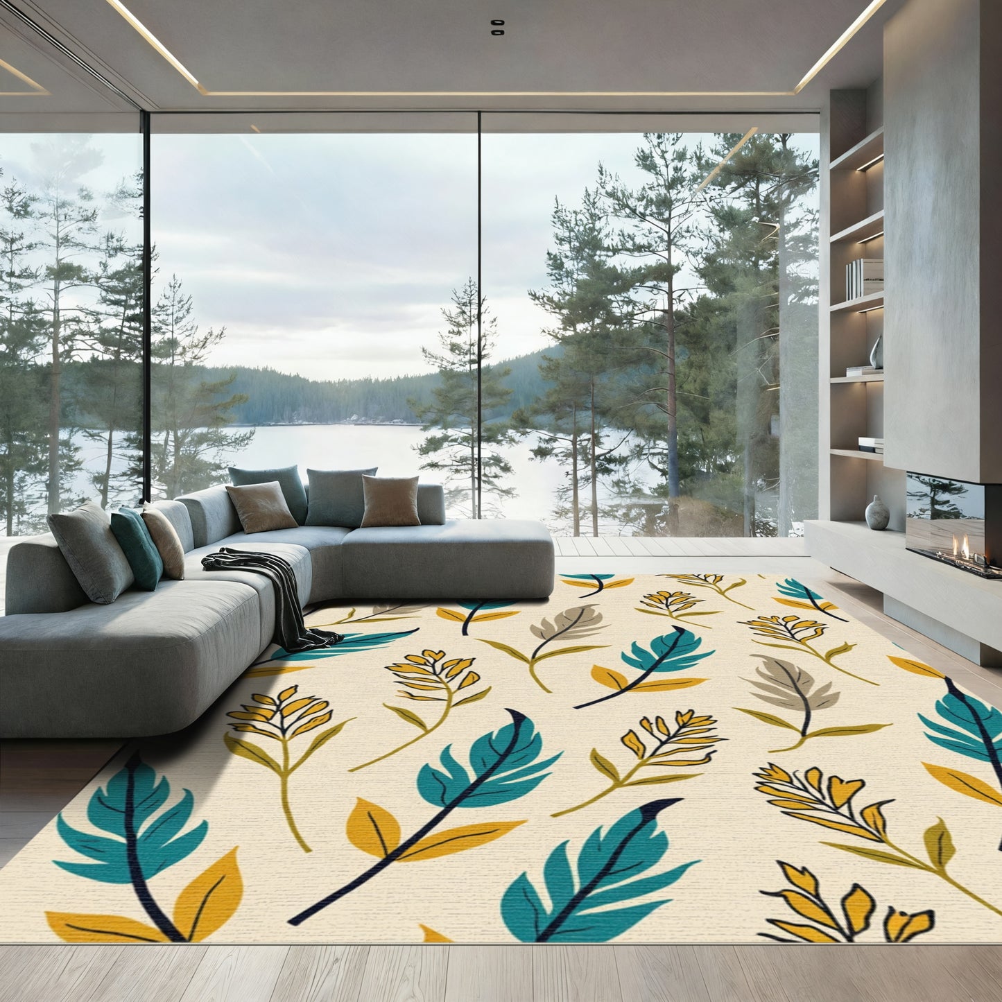 Teal Gold Feather Botanical Composition Rug