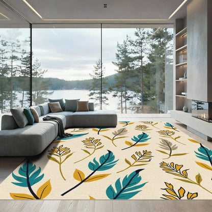 Teal Gold Feather Botanical Composition Rug
