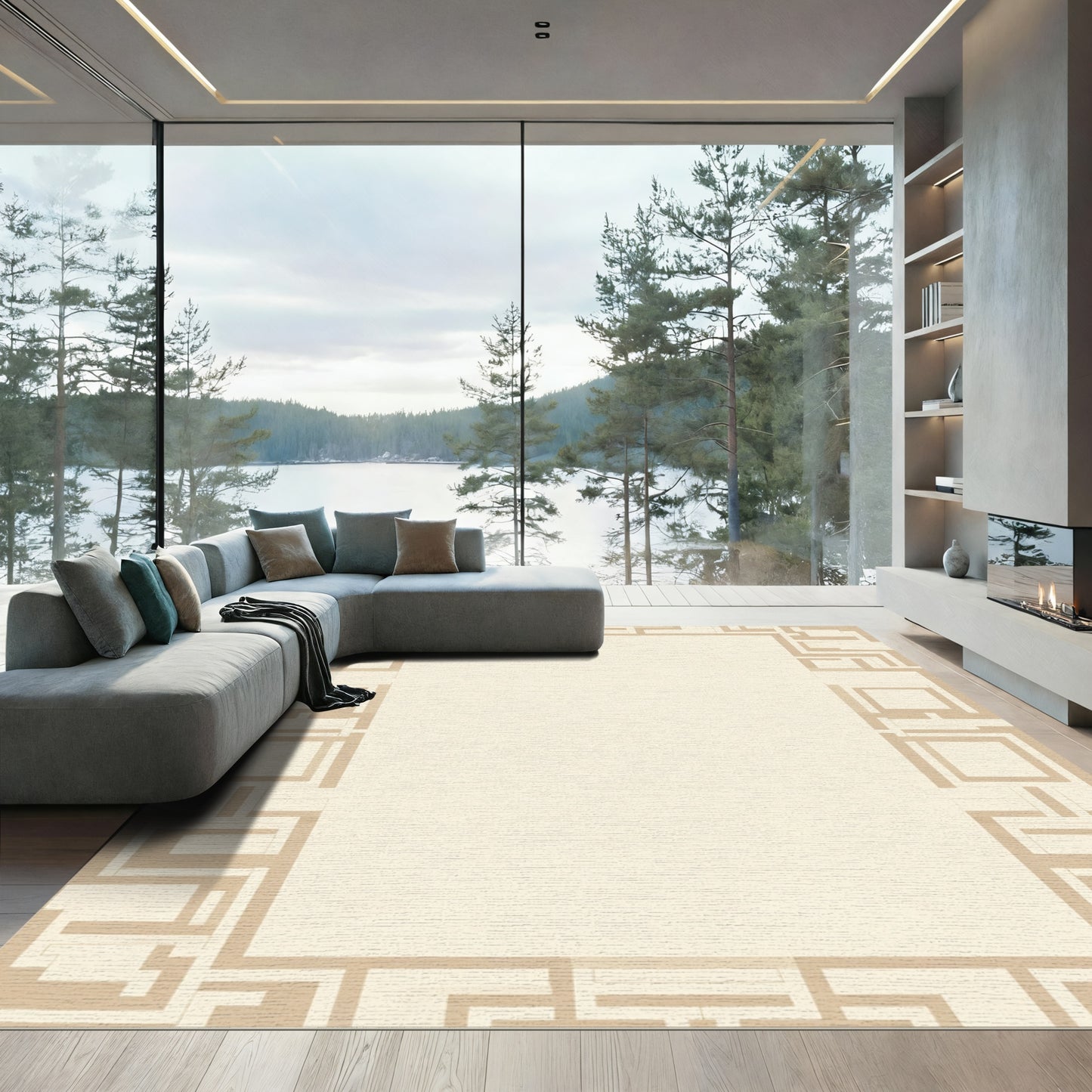 Geometric Ecru Labyrinth Border Rug