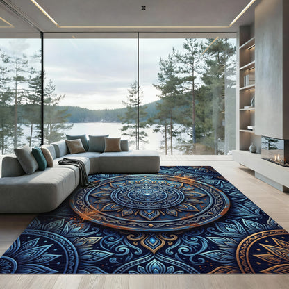 Ornate Blue Gold Mandala Rug