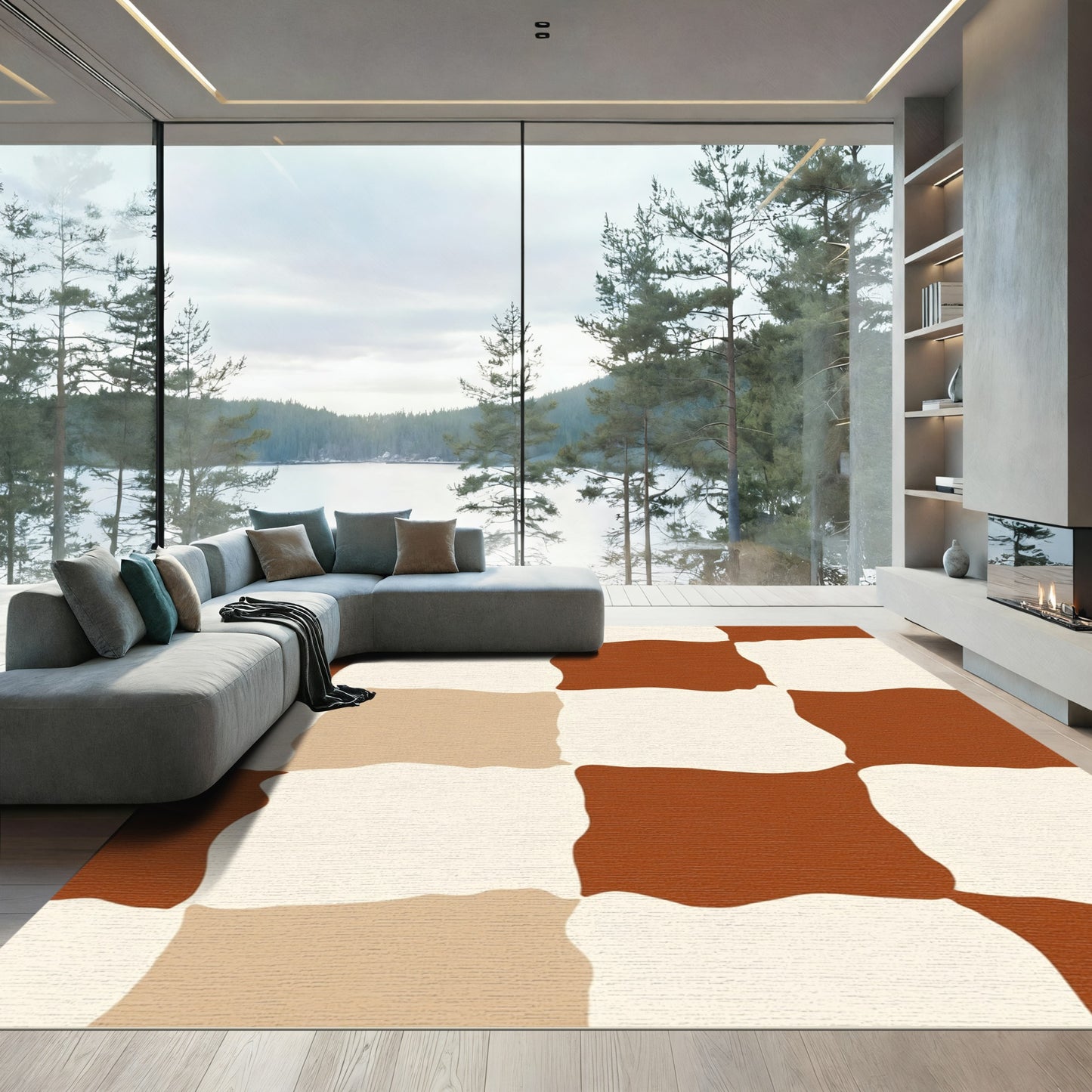 Rich Terracotta Checkerboard Organic Squares Rug