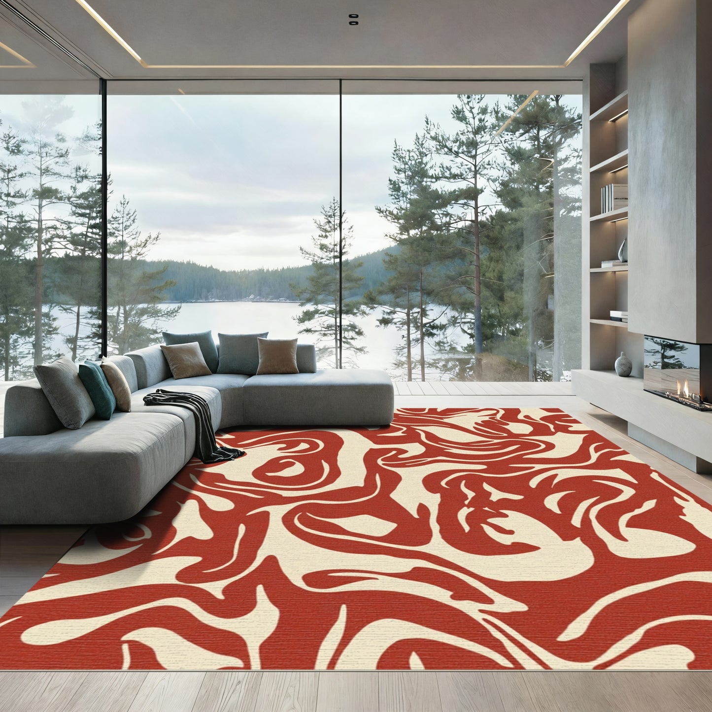 Crimson Abstract Swirl Organic Rug