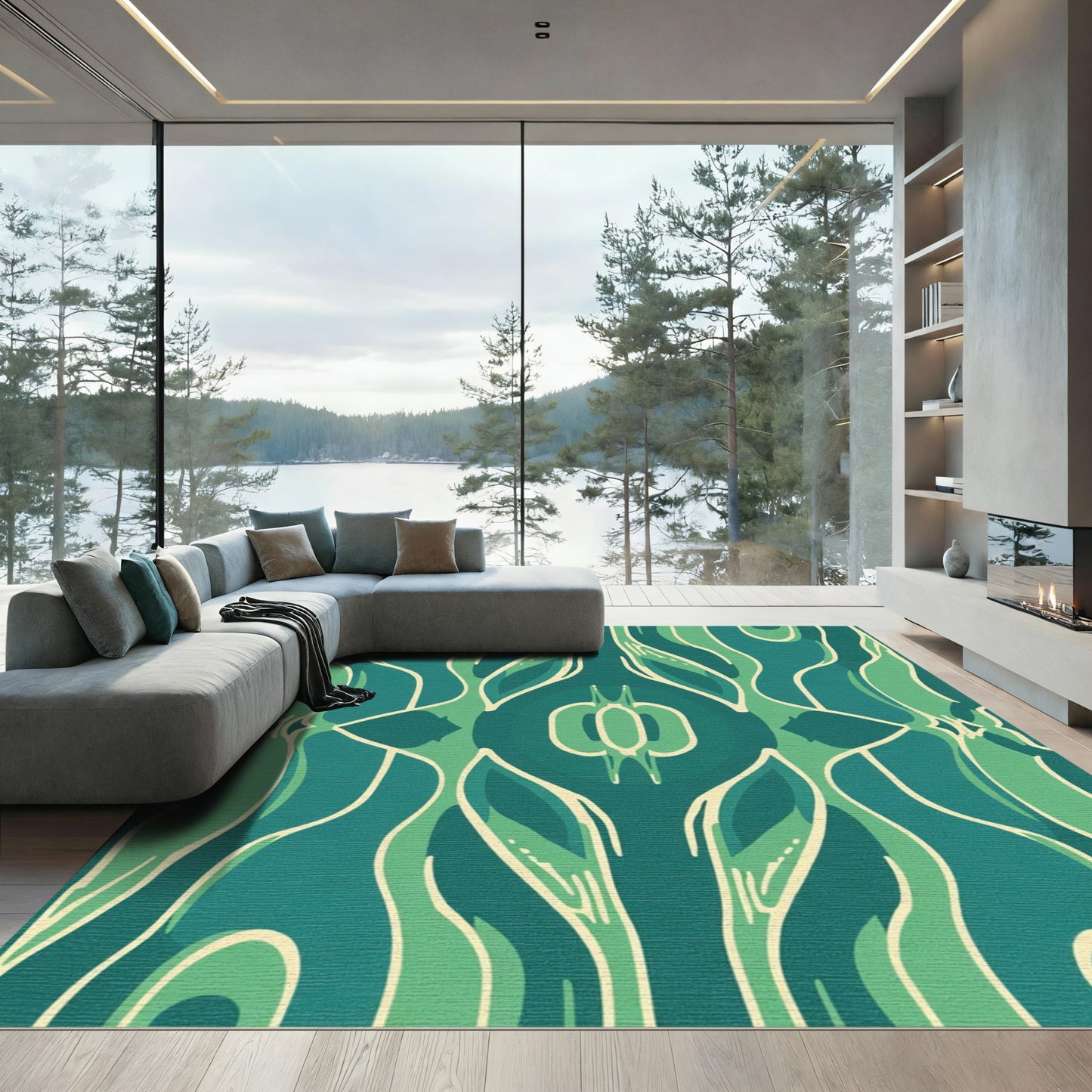 Teal And Green Abstract Organic Swirls Rug