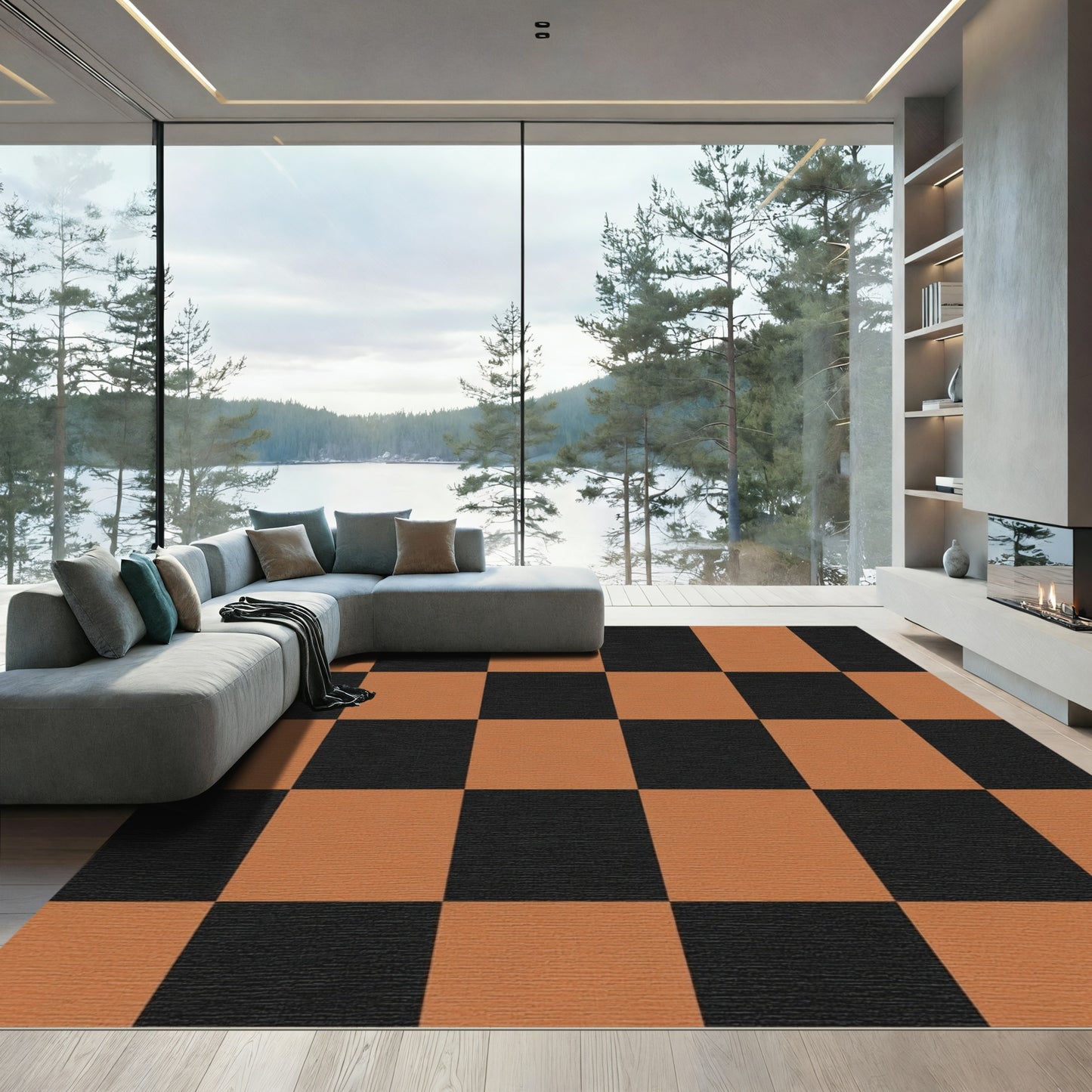 Classic Brown Black Checkered Squares Rug
