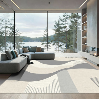 Soft Gray Cream Abstract Wave Rug