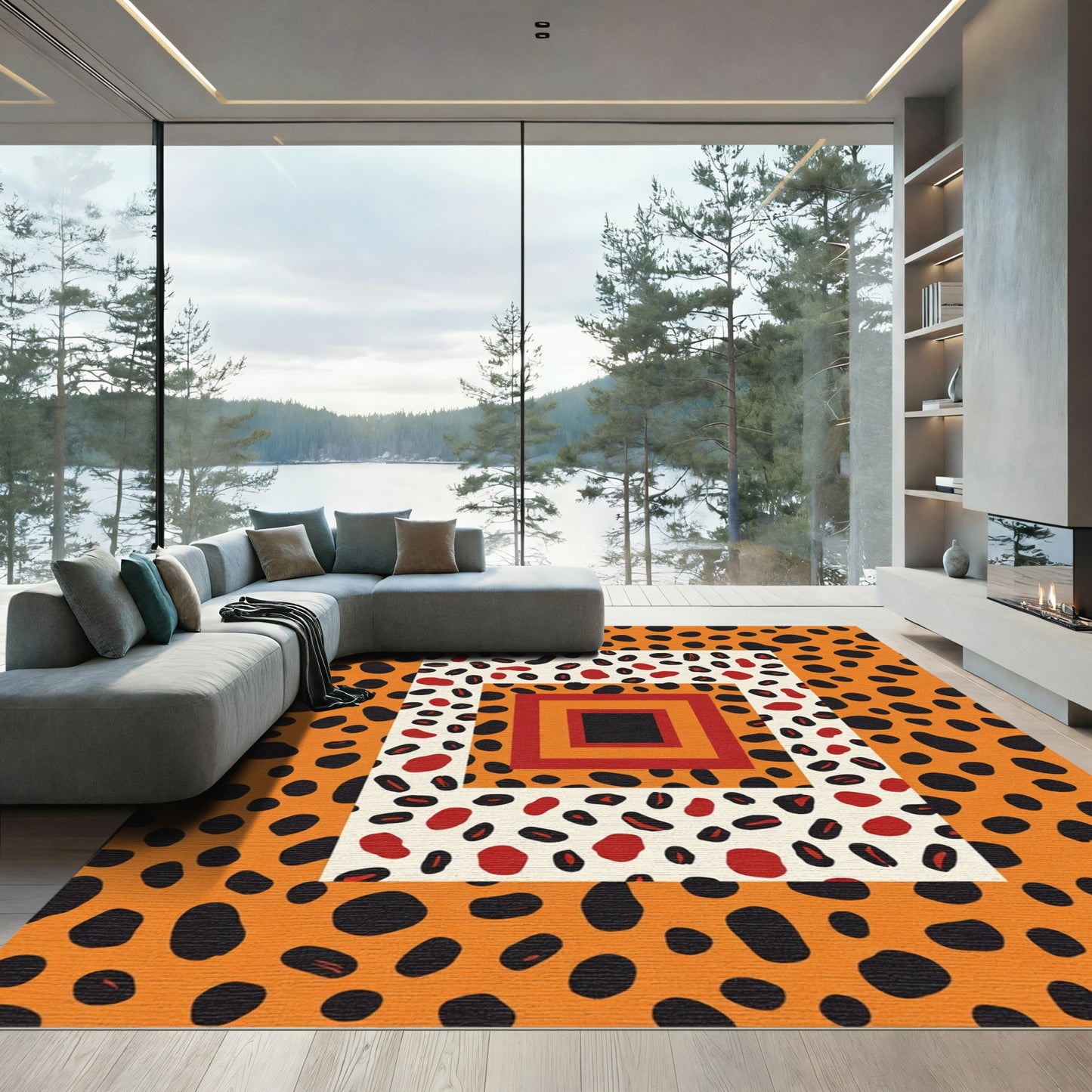 Bold Orange Cheetah Squares Rug