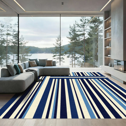 Navy Blue Cream Vertical Stripe Rug