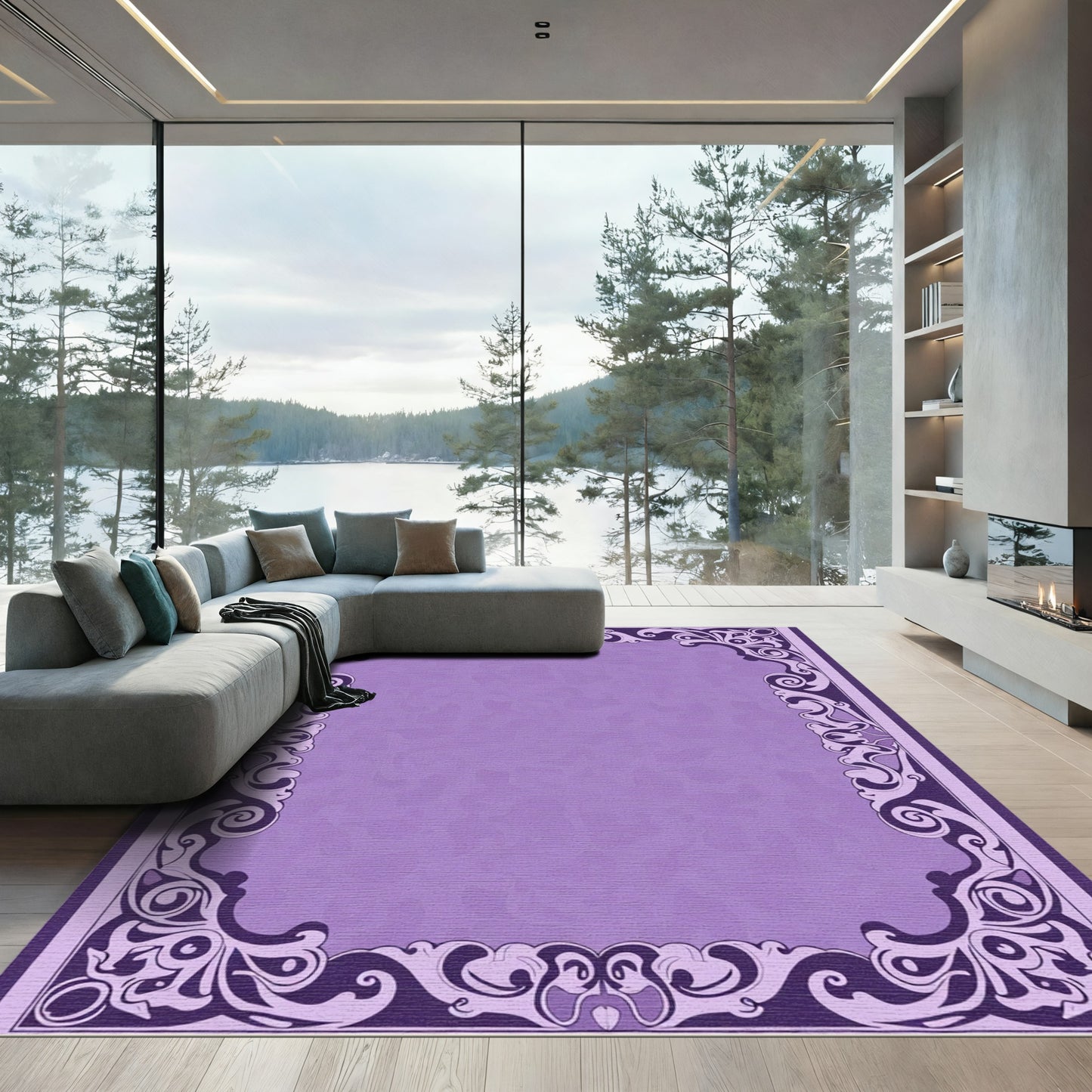 Ornate Purple Swirl Filigree Border Rug