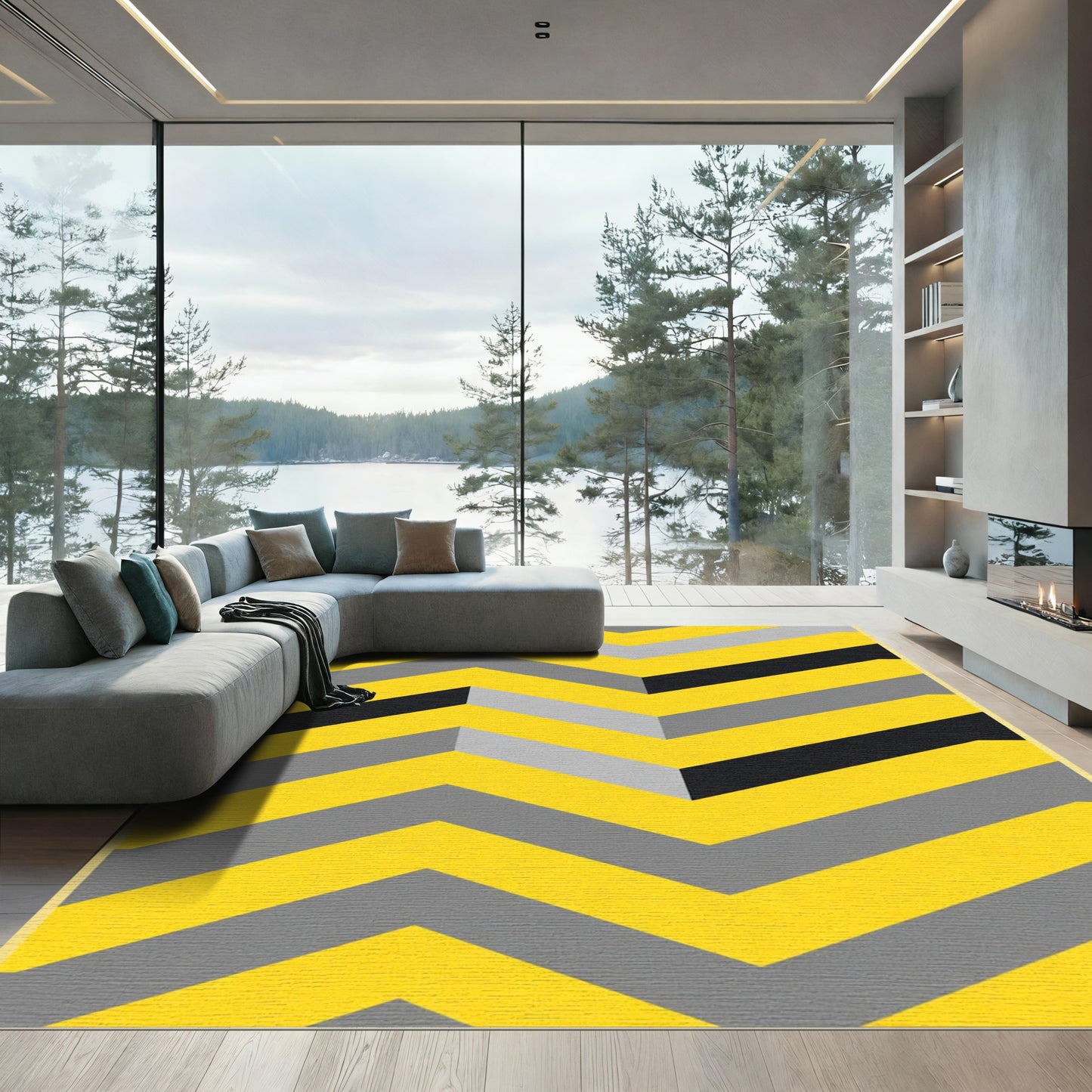Bold Yellow Gray Black Chevron Lines Rug
