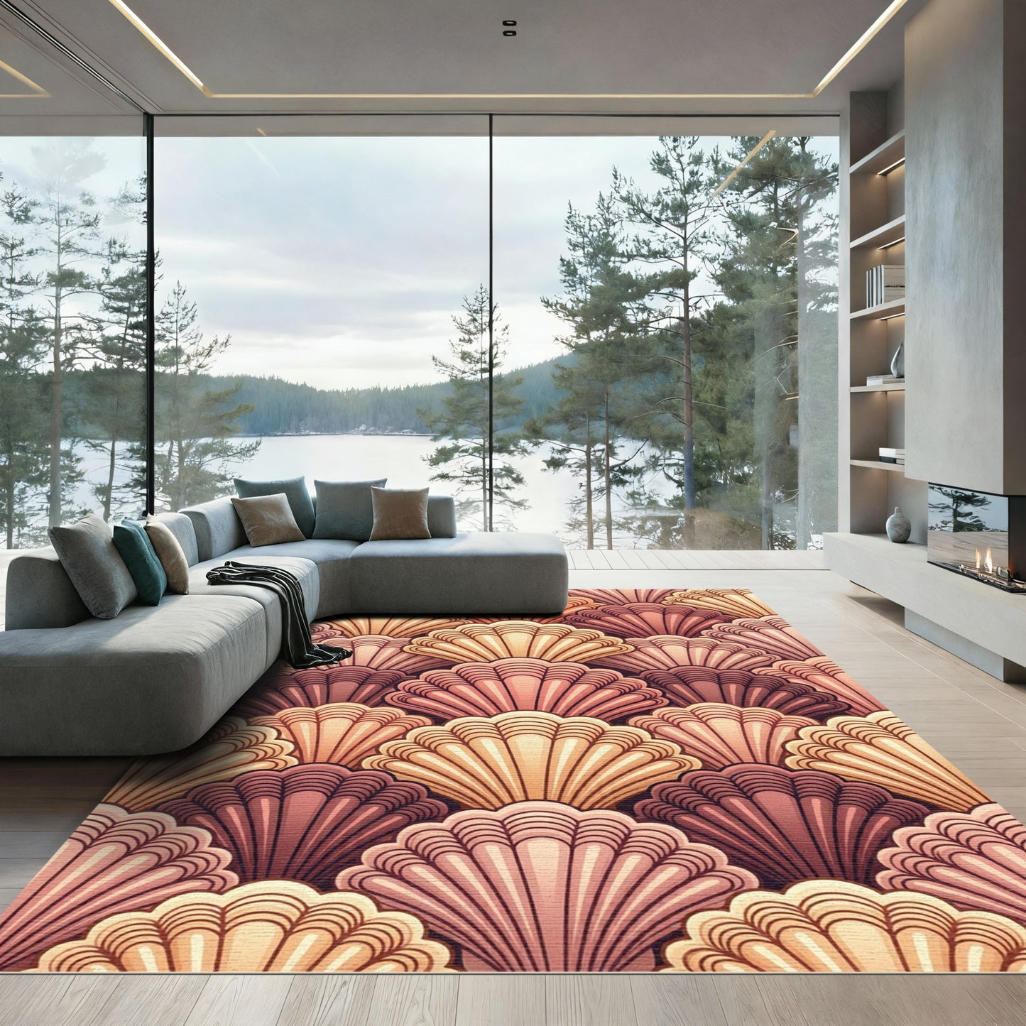 Coastal Pink Seashell Fan Arrangement Rug