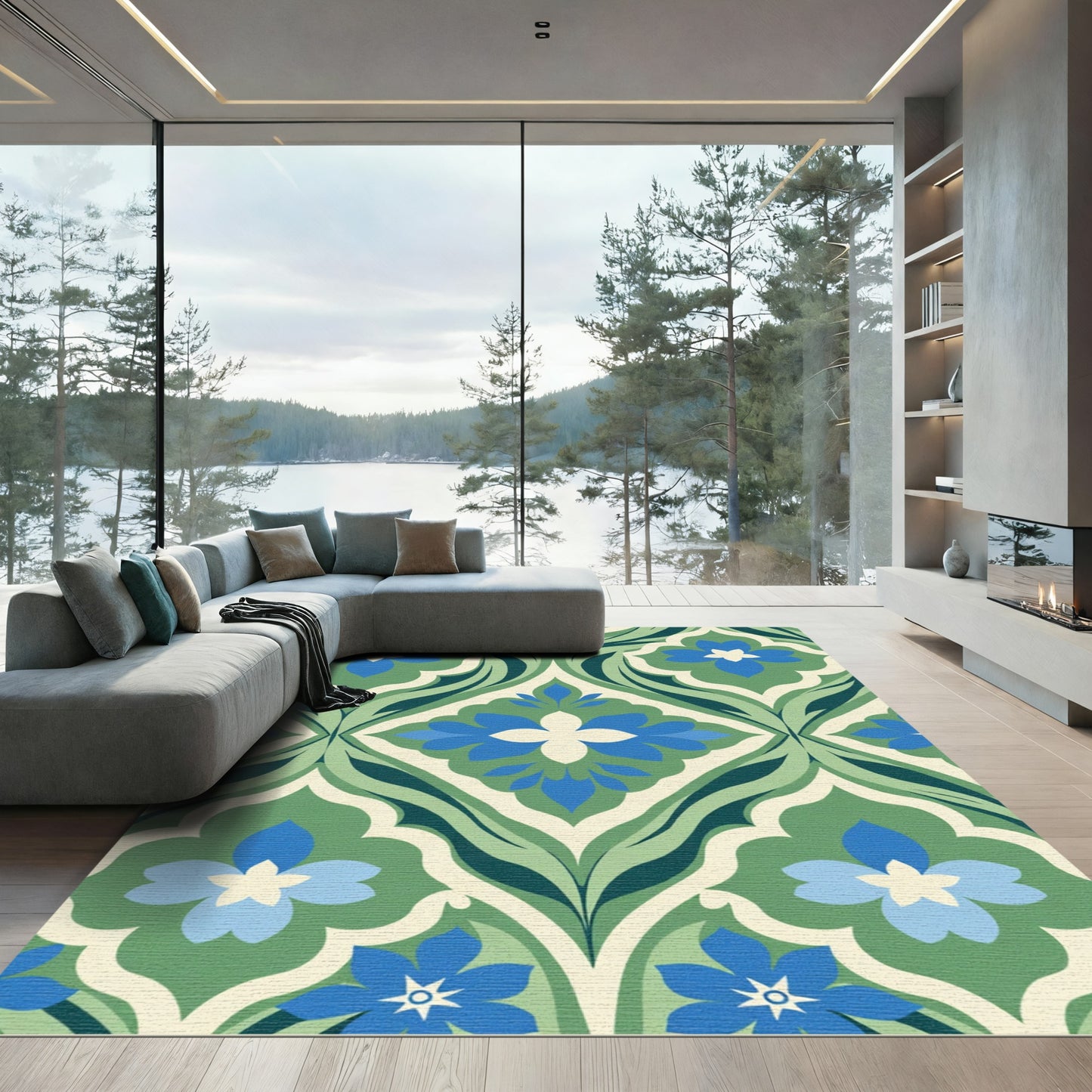 Green Blue Floral Ogee Rug