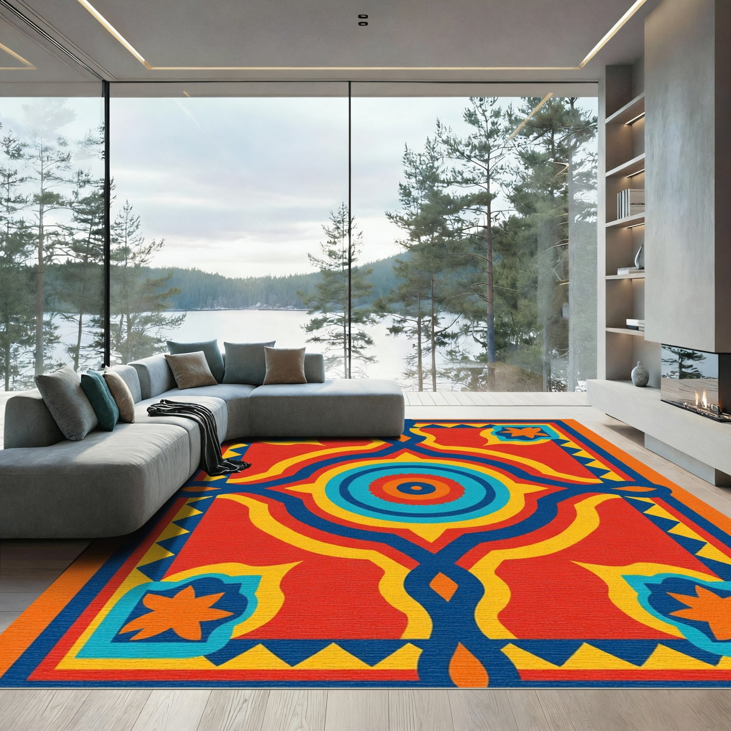 Bold Red Teal Geometric Medallion Rug