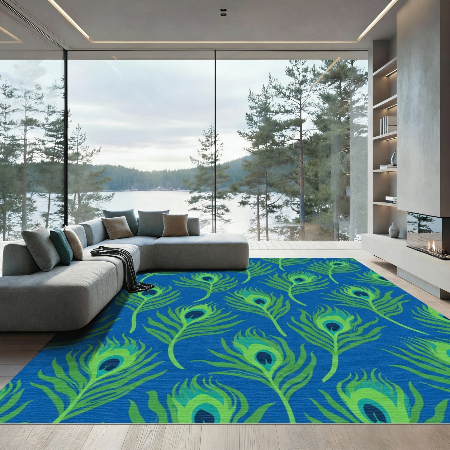 Vibrant Peacock Feather Blue Green Rug