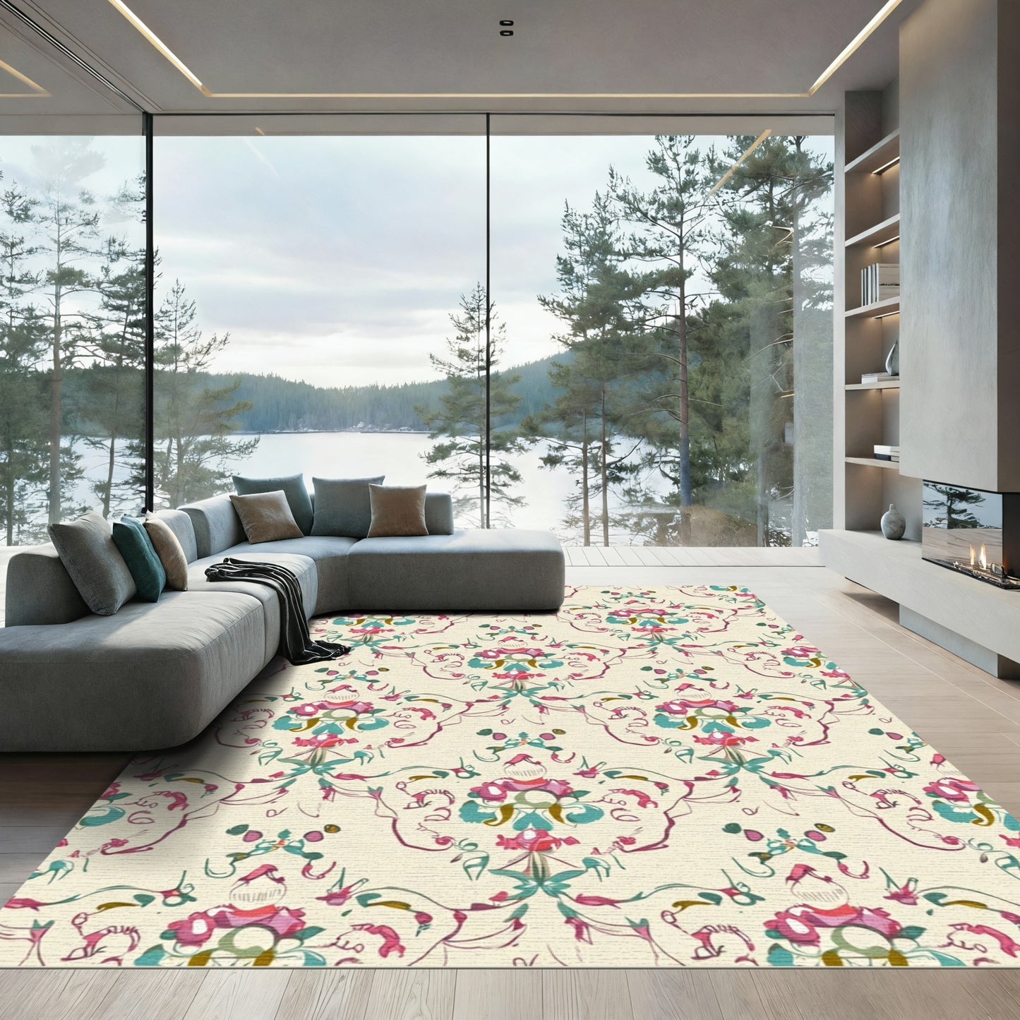 Crimson Teal Floral Damask Arrangement Rug