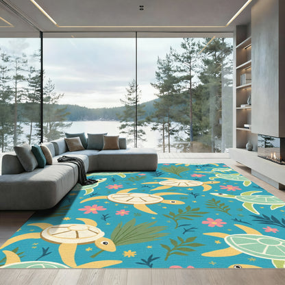 Whimsical Sea Turtle Floral Ocean Rug