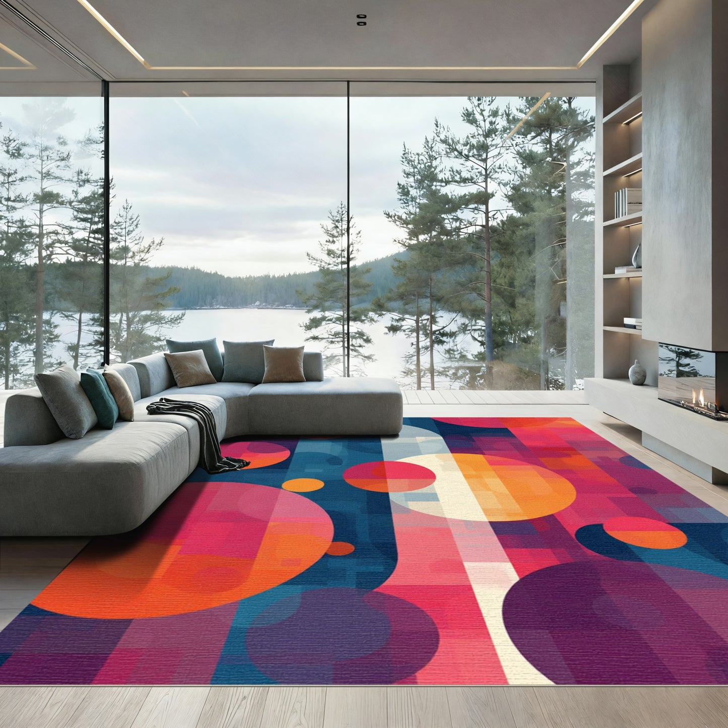 Colorful Abstract Circles and Squares Rug