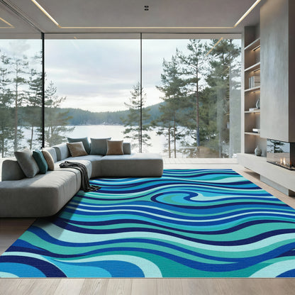 Ocean Blue Wavy Abstract Rug