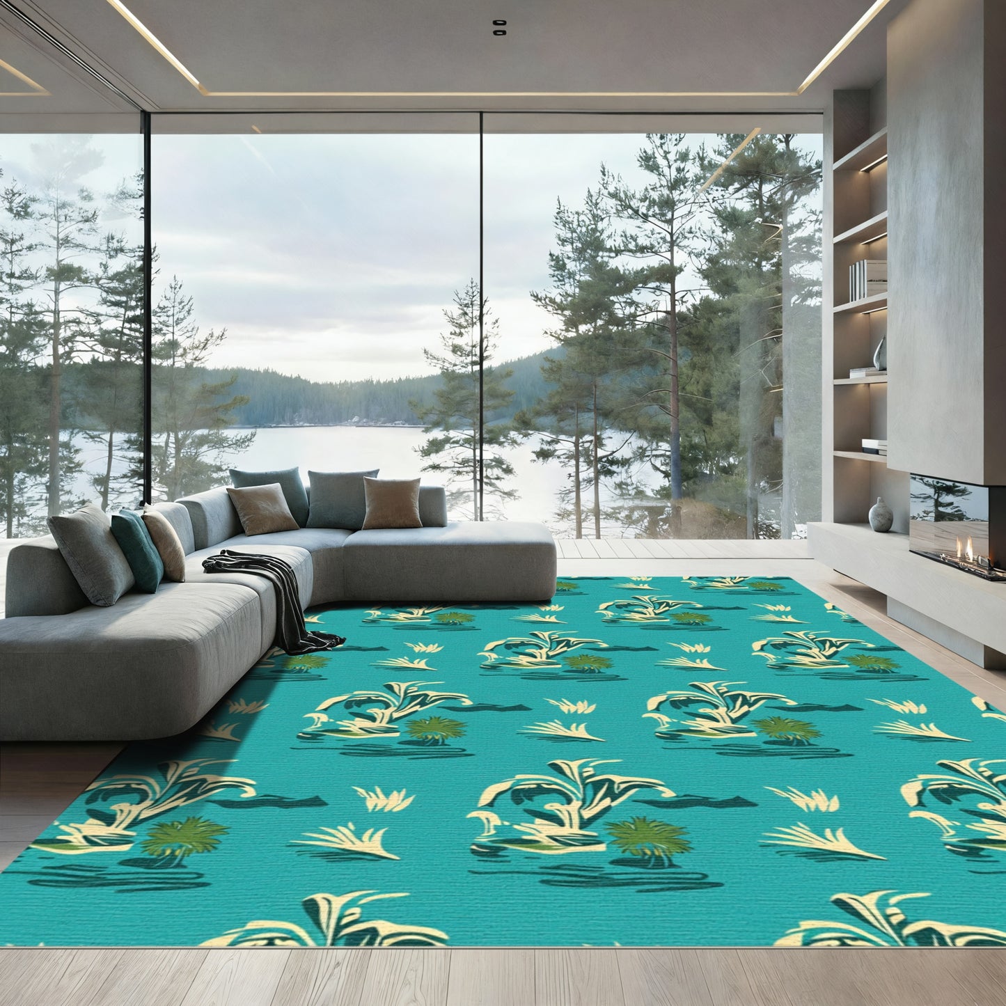 Teal Tropical Leaf Lush Landscape Rug