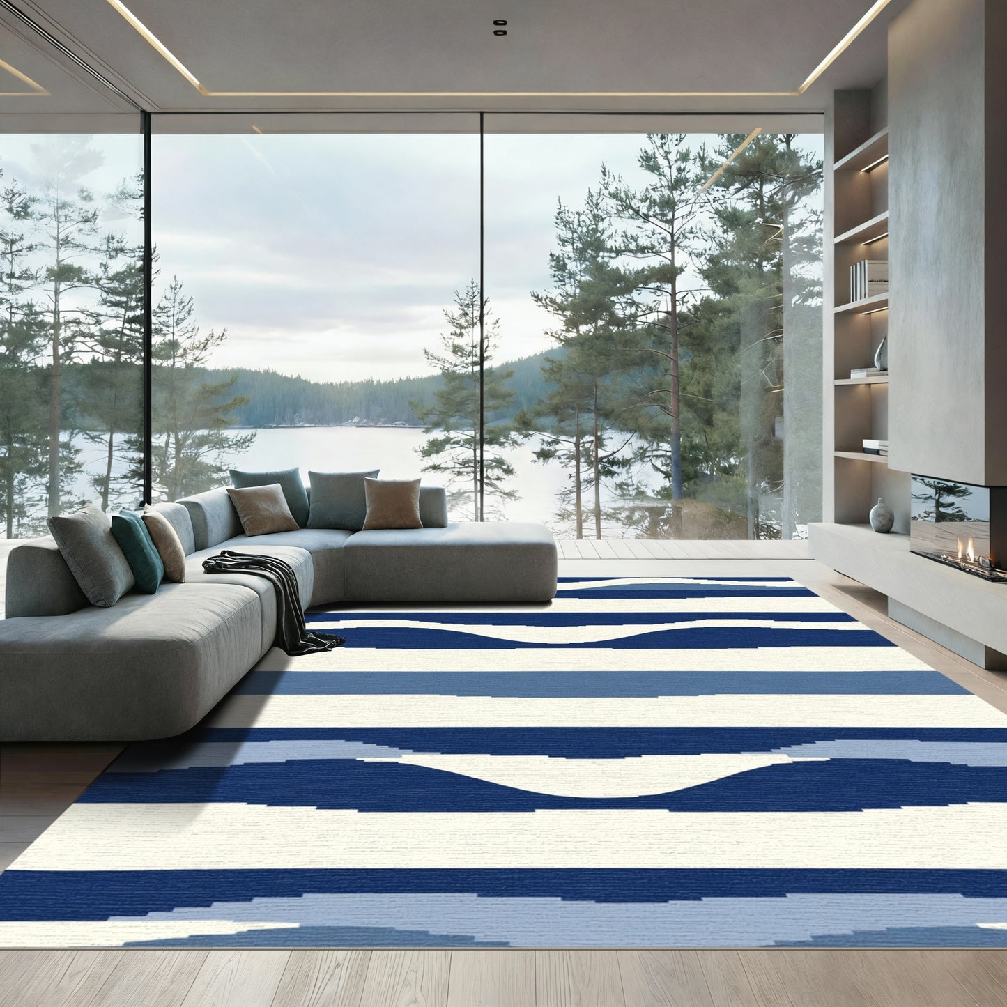 Indigo Wave Stripe Abstract Rug