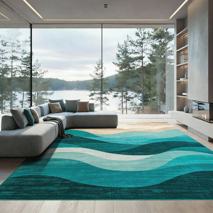 Layered Teal Beige Waves Rug