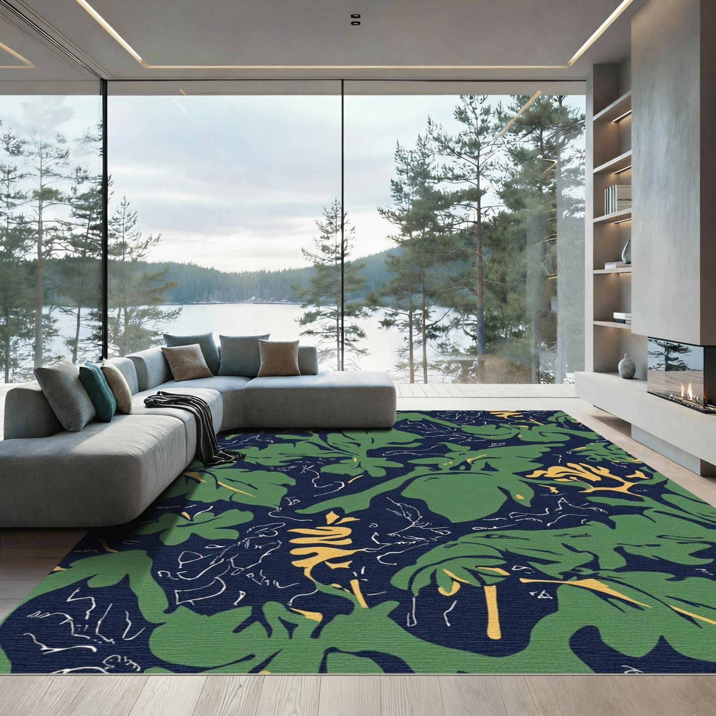Deep Navy Green Abstract Foliage Rug