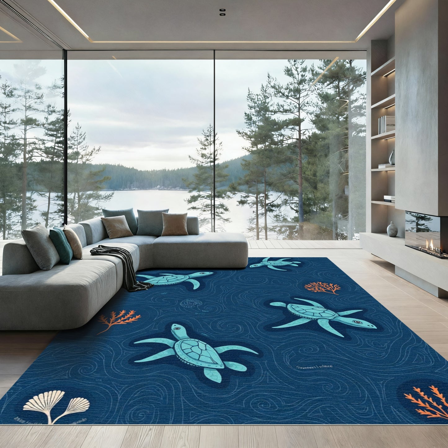 Coastal Aqua Turtle Swirl Ocean Rug