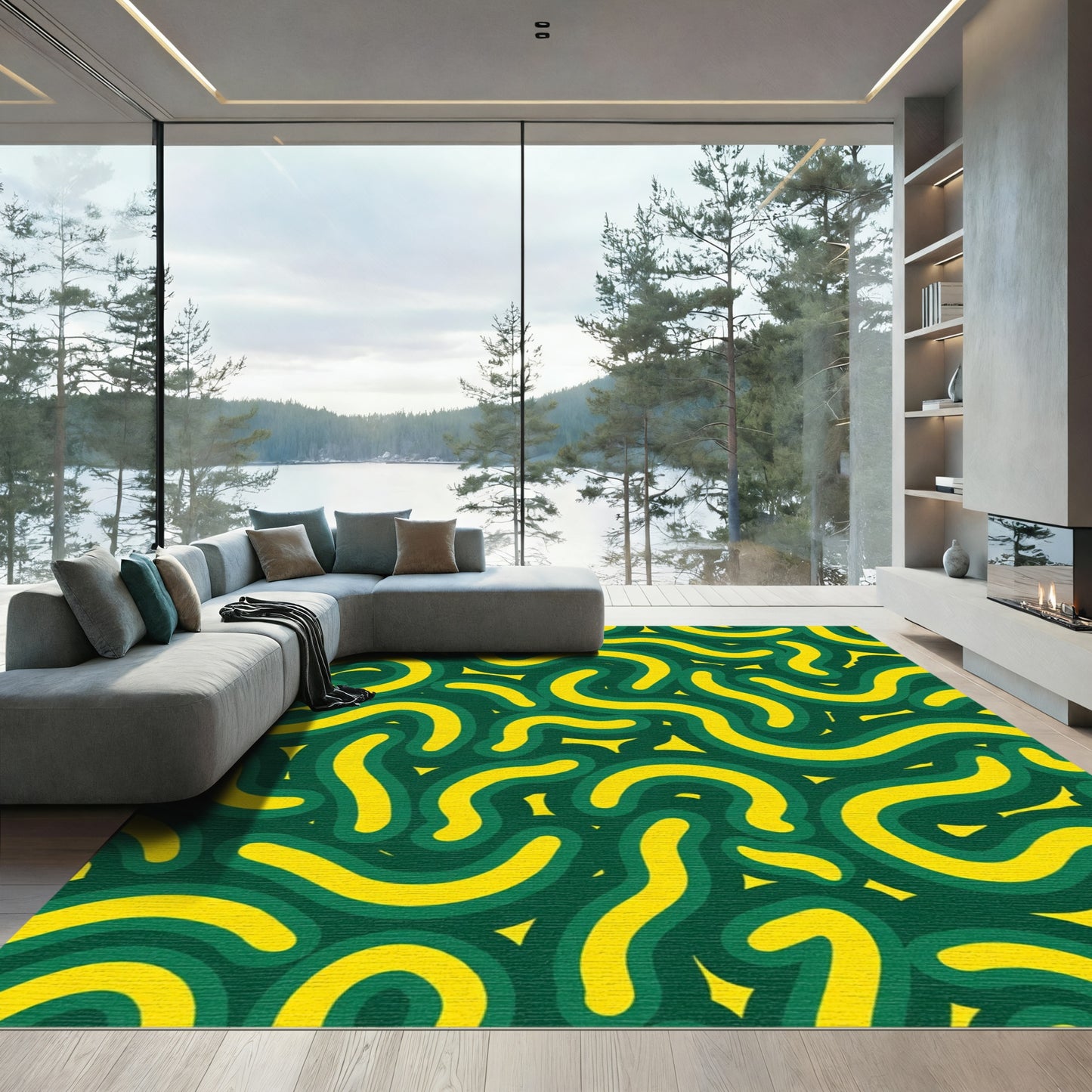 Curving Yellow Organic Green Swirls Rug