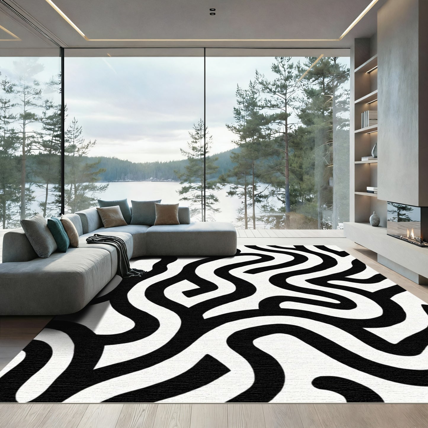 Black and White Organic Lines Rug