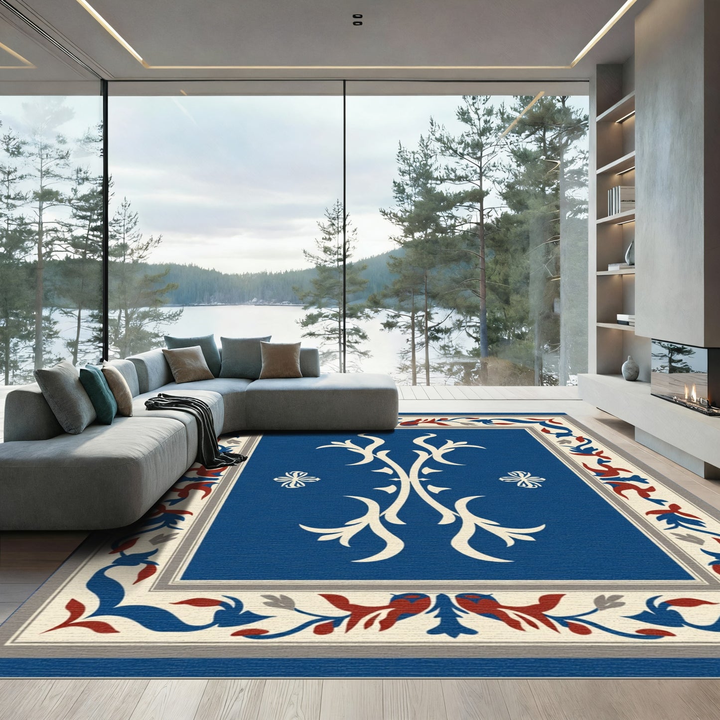 Azure Crimson Floral Scrollwork Rug