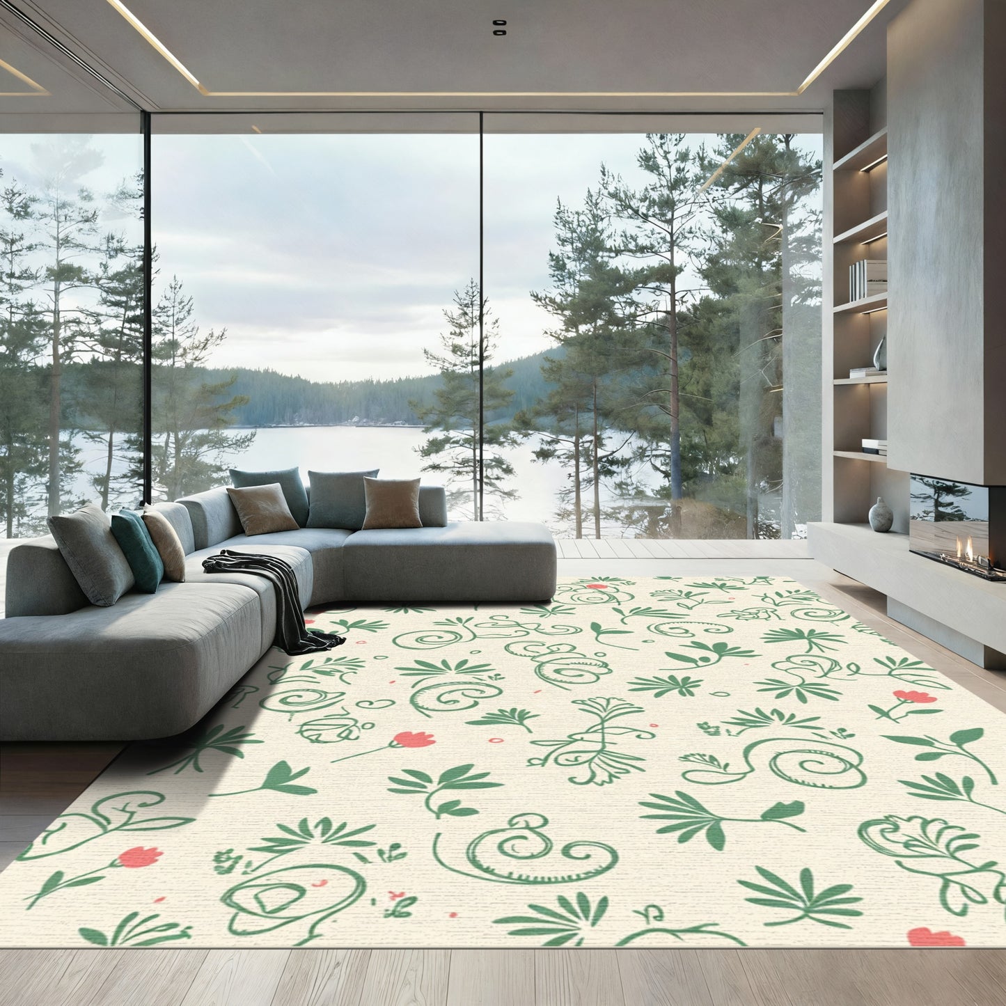 Green Leaf and Coral Floral Scroll Rug