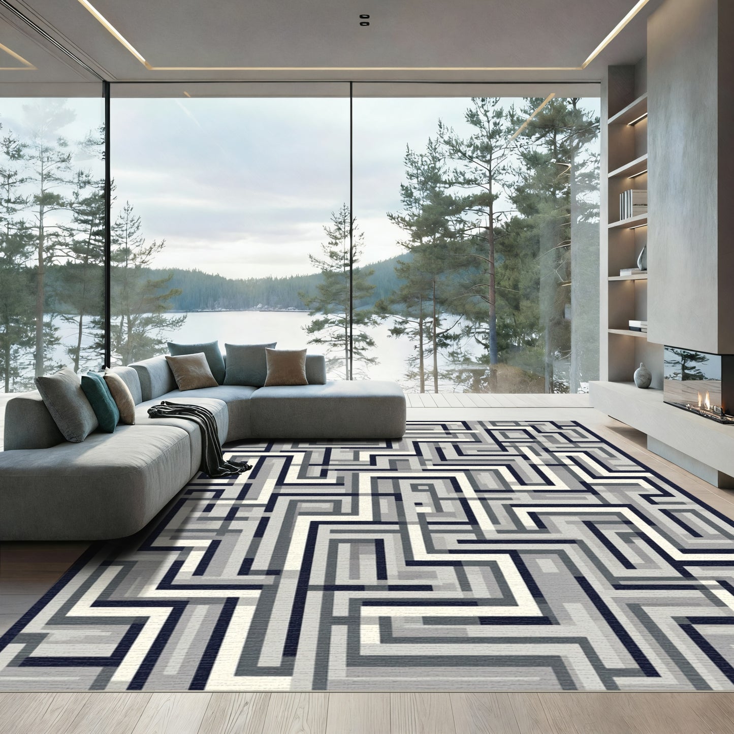 Monochrome Geometric Maze Overlay Rug