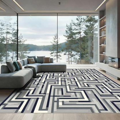 Monochrome Geometric Maze Overlay Rug