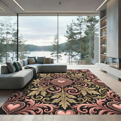 Rose Gold Heart Flourish Damask Rug