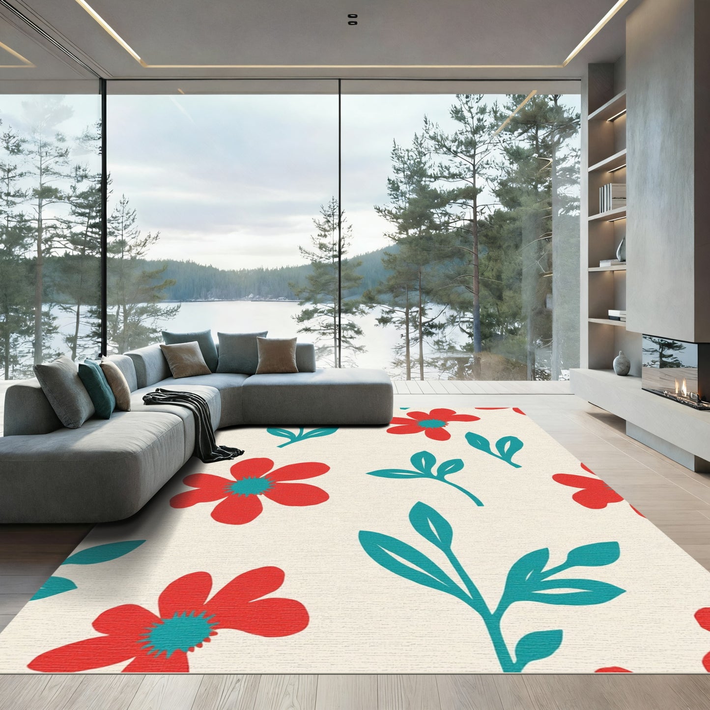 Red Floral And Teal Leaf Arrangement Rug