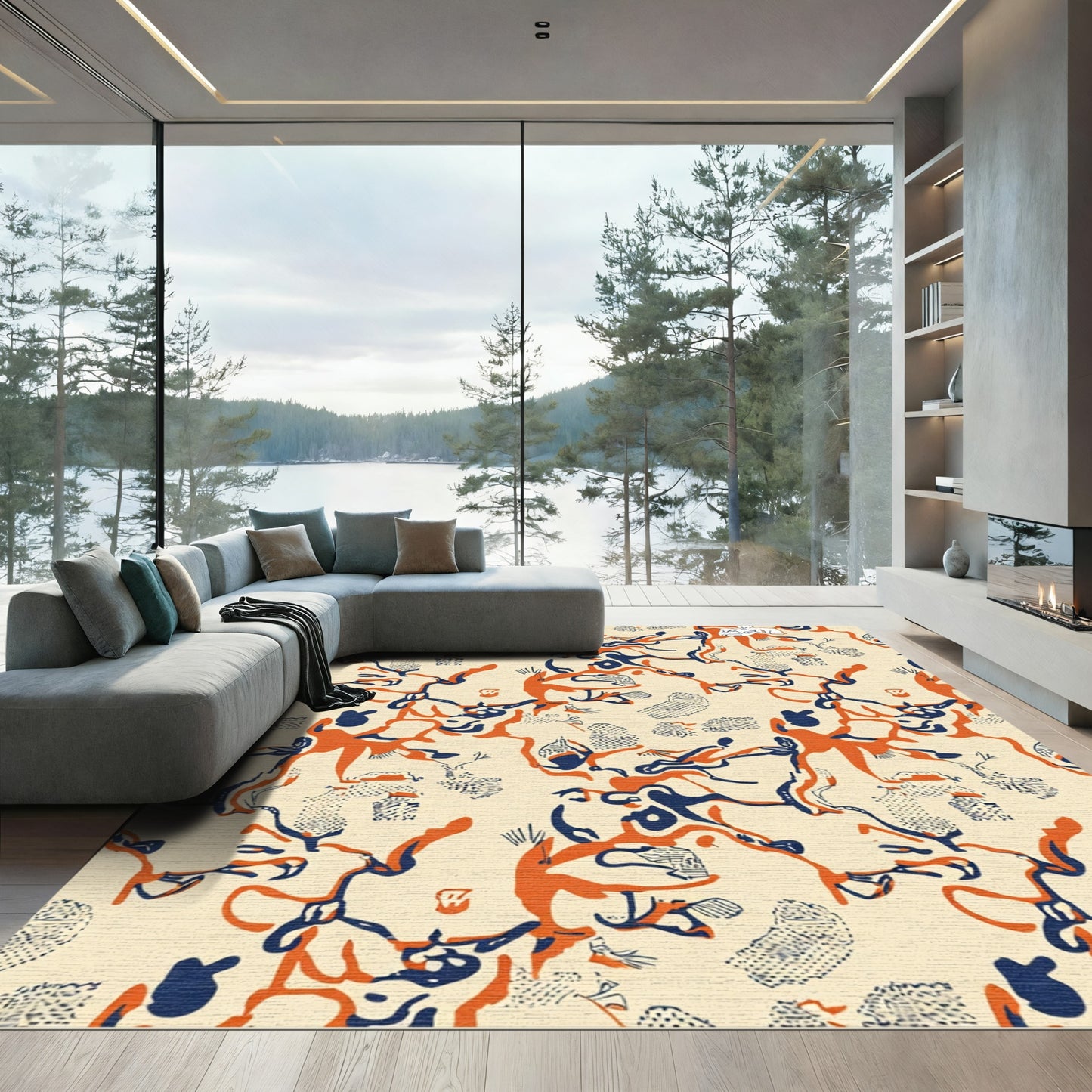 Bold Orange Navy Abstract Human Forms Rug